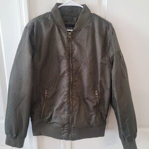 Guess Men's Olive Nylon Bomber Jacket With Gold Zippers Size Small